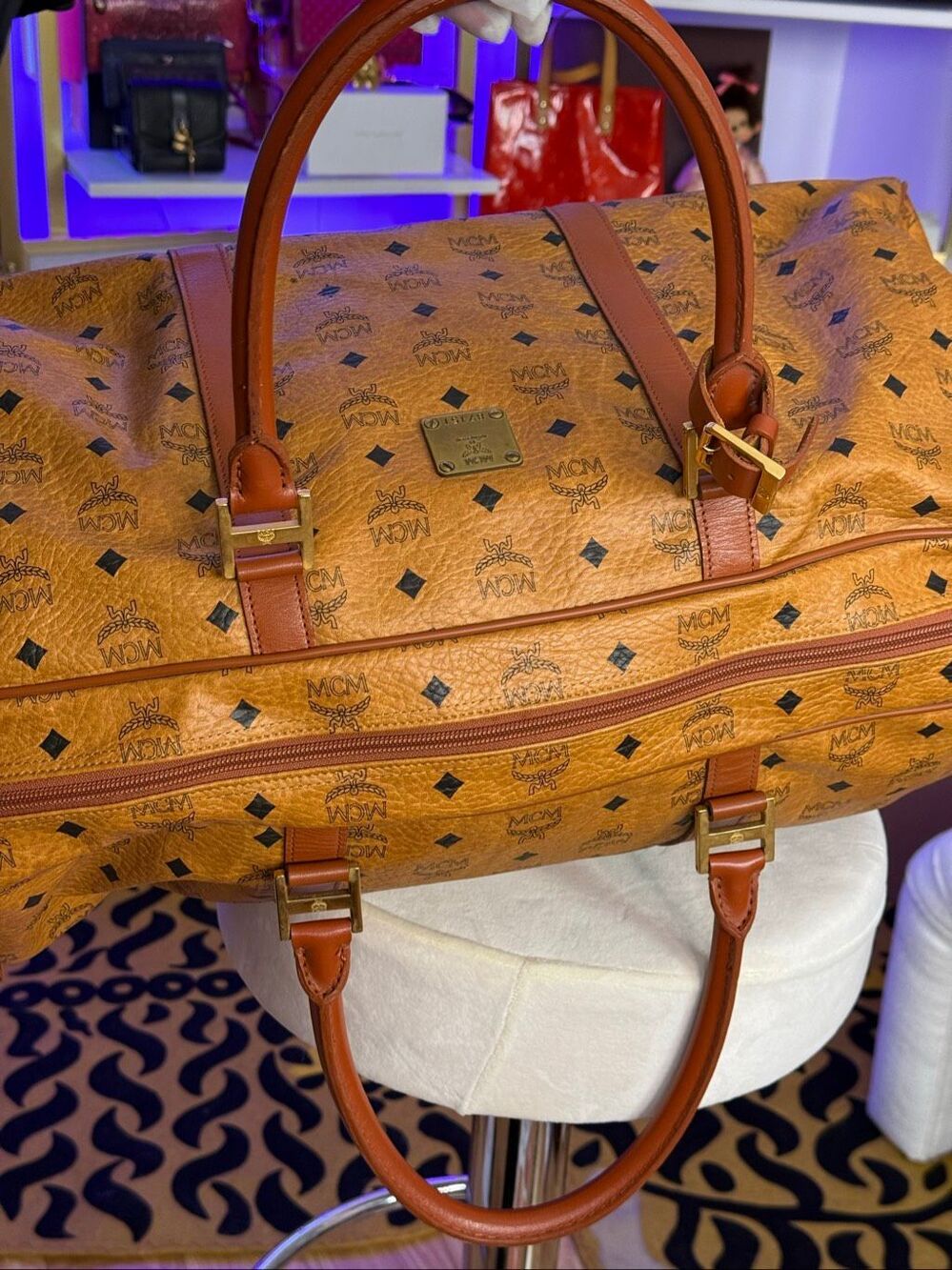 Mcm Viseto Cognac Leather Weekender Round Duffle Bag w/ handle coupler wrap 55cm - Picture 6 of 15